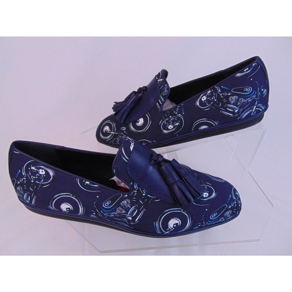 NIB SALVATORE FERRAGAMO FINNEGAN BLUE MOTORCYCLE PRINT FABRIC TASSEL LOAFERS 10 main image 7